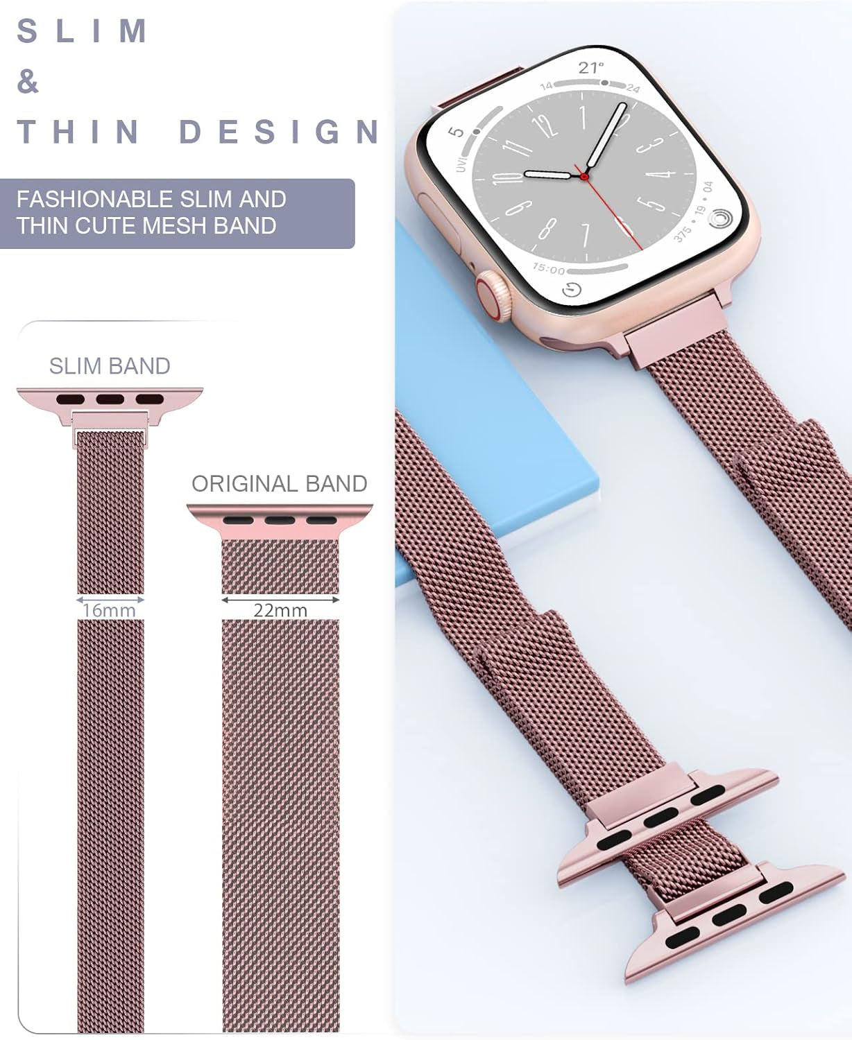 Women Slim Watch Band for Apple Watch Band 38Mm 40Mm 41Mm 42Mm 44Mm 45Mm 49Mm, Stainless Steel Mesh Loop Magnetic Clasp Replacement for Iwatch Bands Series Ultra 8 7 SE 6 5 4 3 2 1