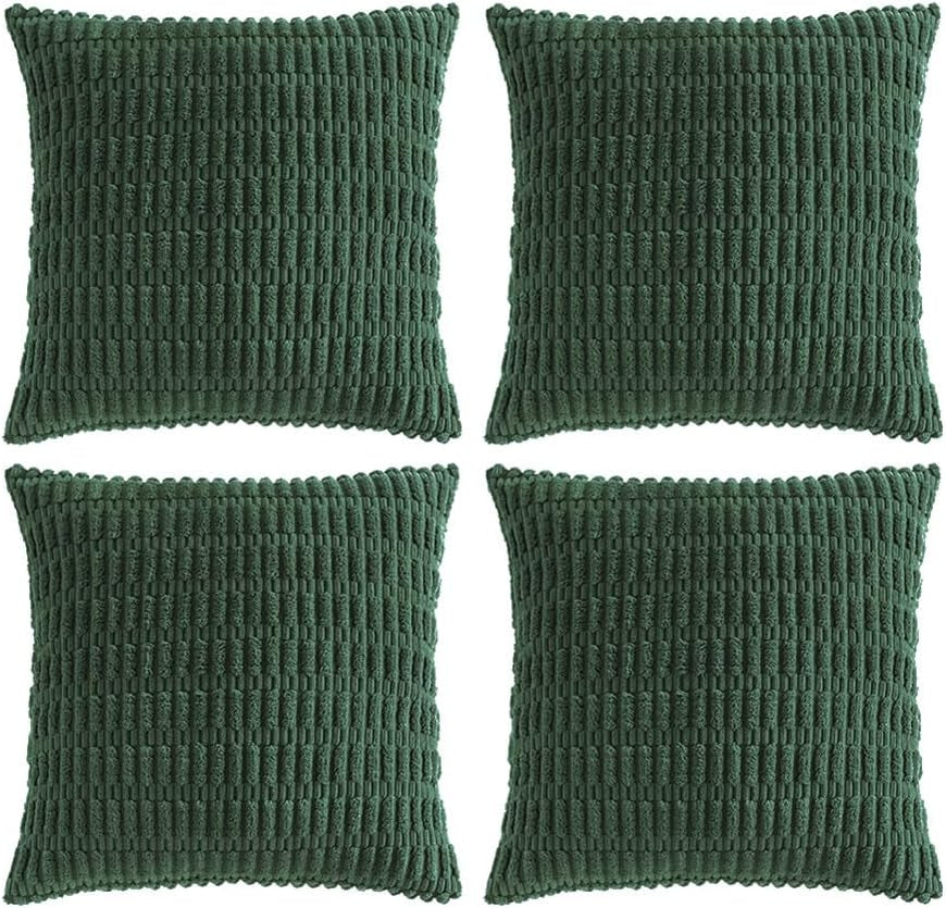 Set of 4 Dark Green Boho Decorative Throw Pillow Covers 18X18 Inch for Couch Bed Sofa, Aesthetic Modern Bohemian Room Decor, Soft Fuzzy Fluffy Cozy Corduroy Textured Cushion Case 45X45Cm