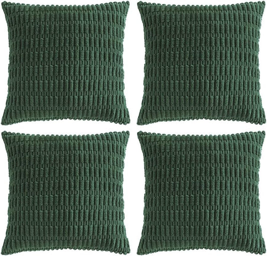 Set of 4 Dark Green Boho Decorative Throw Pillow Covers 18X18 Inch for Couch Bed Sofa, Aesthetic Modern Bohemian Room Decor, Soft Fuzzy Fluffy Cozy Corduroy Textured Cushion Case 45X45Cm