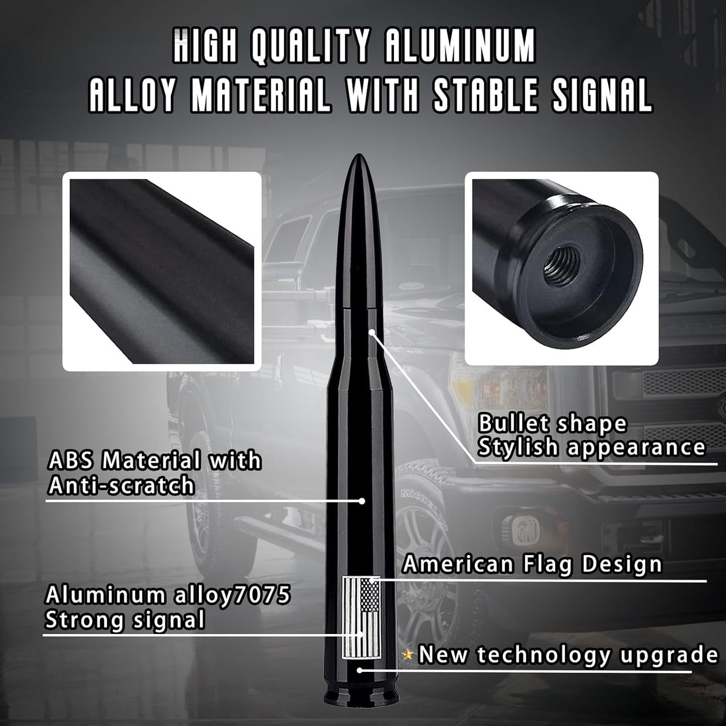 American Flag Car Truck Antenna with Valve Stem Caps, Universal Mast for GM Chevy Silverado 1500 2500 3500 HD Avalanche Ford F150 F250 F350 Denali Heavy Duty Pickup Trucks Accessories (Black)