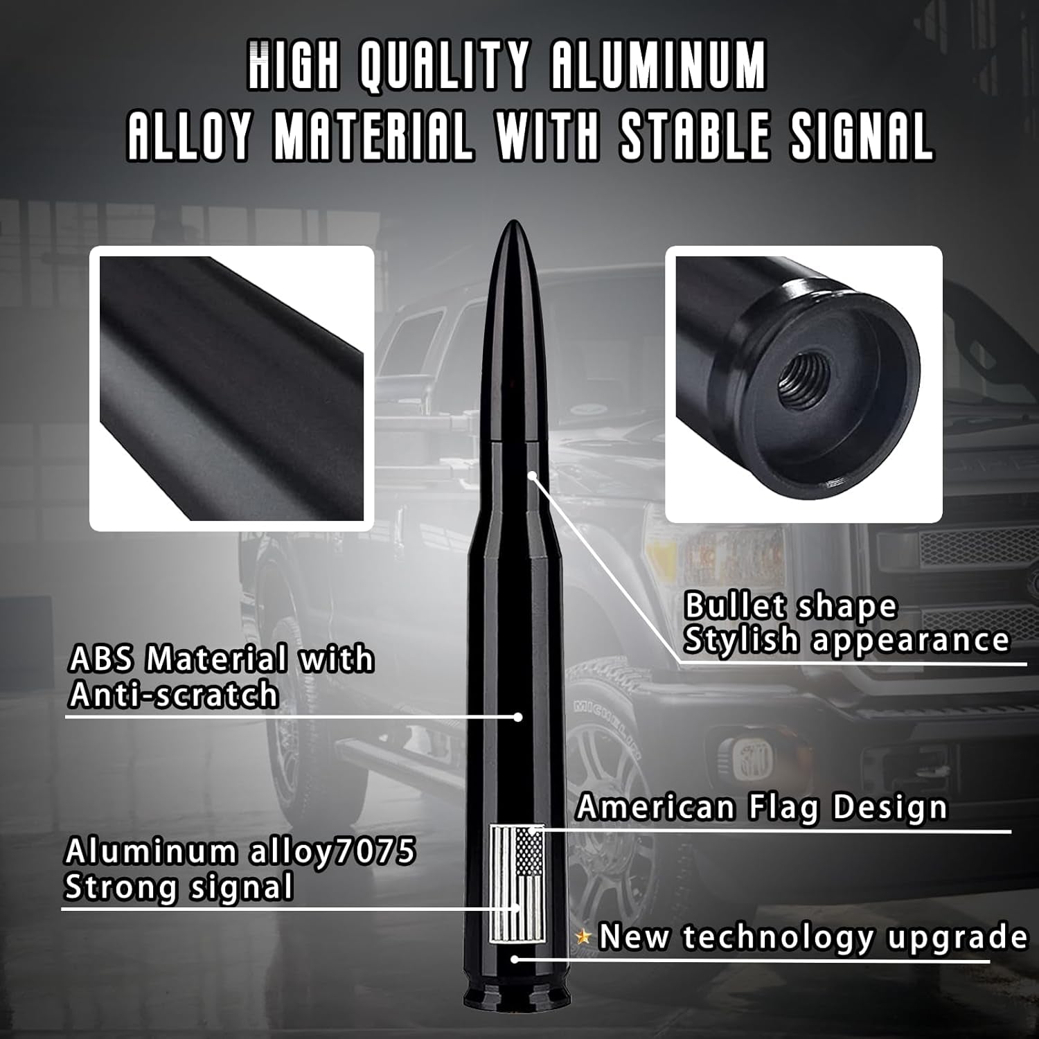 American Flag Car Truck Antenna with Valve Stem Caps, Universal Mast for GM Chevy Silverado 1500 2500 3500 HD Avalanche Ford F150 F250 F350 Denali Heavy Duty Pickup Trucks Accessories (Black)