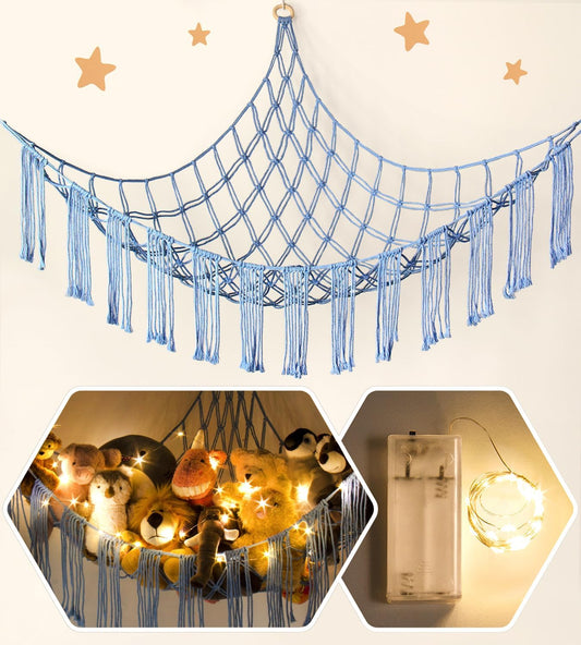 Stuffed Animal Hammock Corner with LED Light - Toy Storage Hammock Plushie Net Organizer - Teddy Bear Stuffy Hammock - Cute Blue Things for Bedroom - Wall Ceiling Hanging Decor