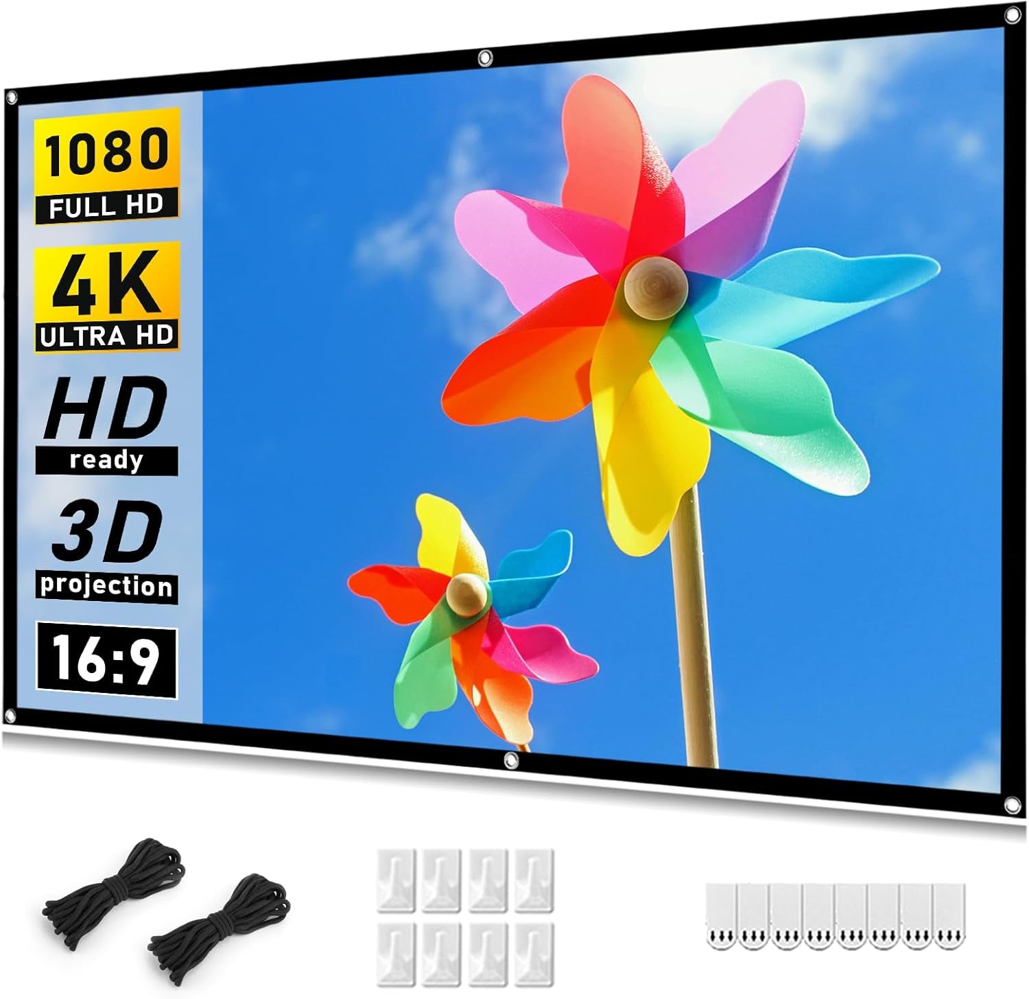 Projector Screen 120 Inch, Movie Projector Screen 16:9 Foldable and Portable Anti-Crease Indoor Outdoor Projection Double Sided Video Projector Screen for Home, Party, Office, Classroom