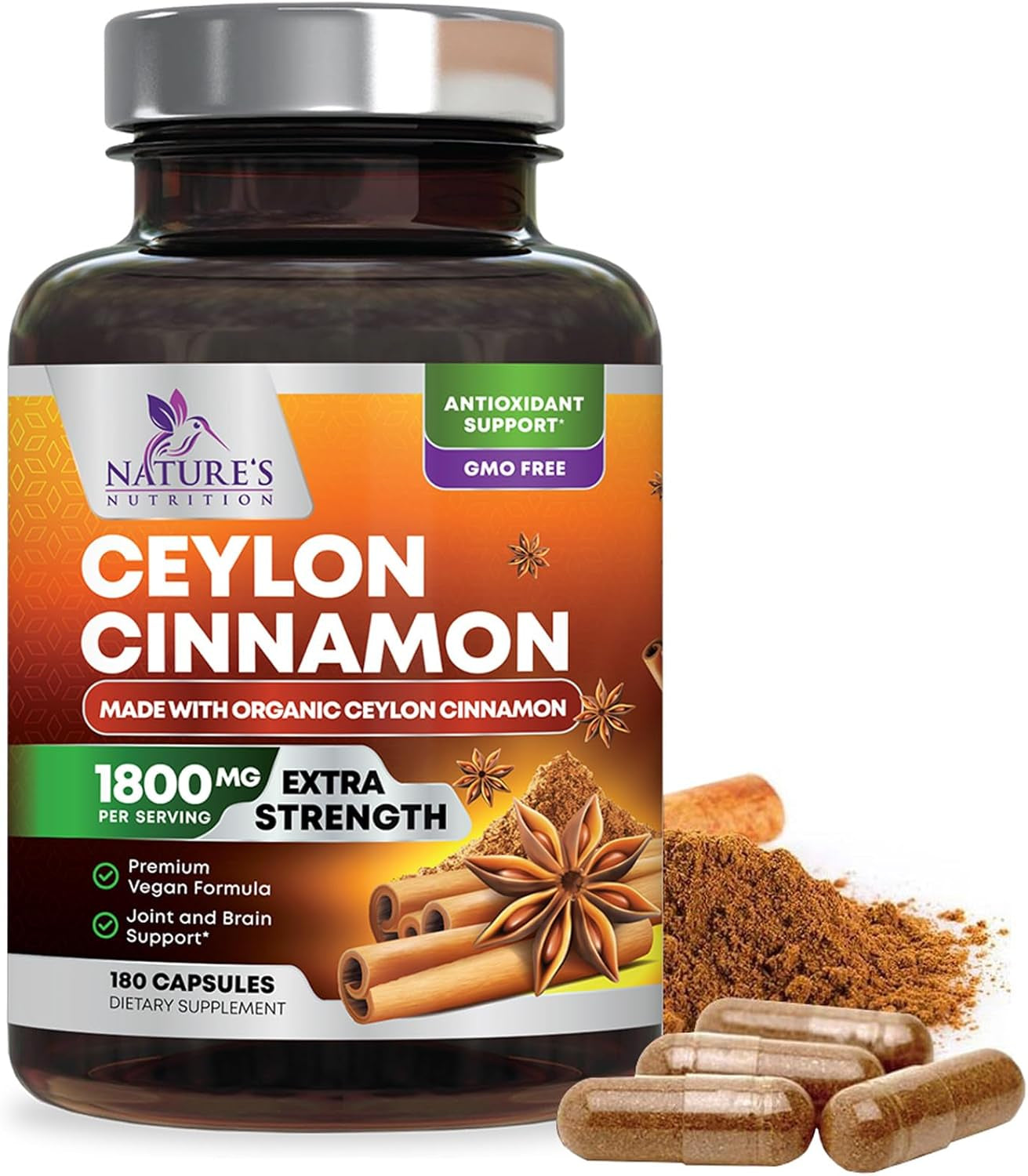 Organic Ceylon Cinnamon Supplement 1800Mg - Certified Organic Ceylon Cinnamon Powder Pills - Energy & Heart Support for Women & Men, Bottled in USA, Antioxidant, Gluten Free, Non-Gmo - 240 Capsules TLBH