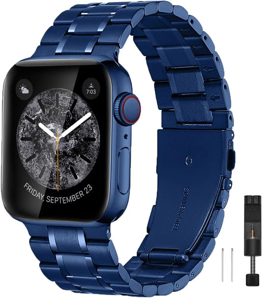 Compatible for Apple Watch Band 38Mm 40Mm 41Mm, Premium Solid Stainless Steel Metal Adjustable Sport Business Wristband Bracelet Strap for Iwatch Series 8 7 6 SE 5 4 3 2 1(Blue)