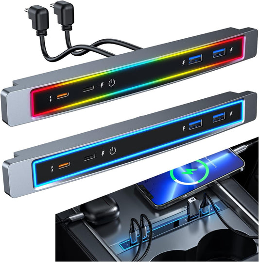 Tesla USB Hub with Blue Led Light/Voice Controll Seven Colors Led Light Compatible Docking Station of Center Console Smart Sensor for Tesla 2021 2022 2023 (Model 3/Y)