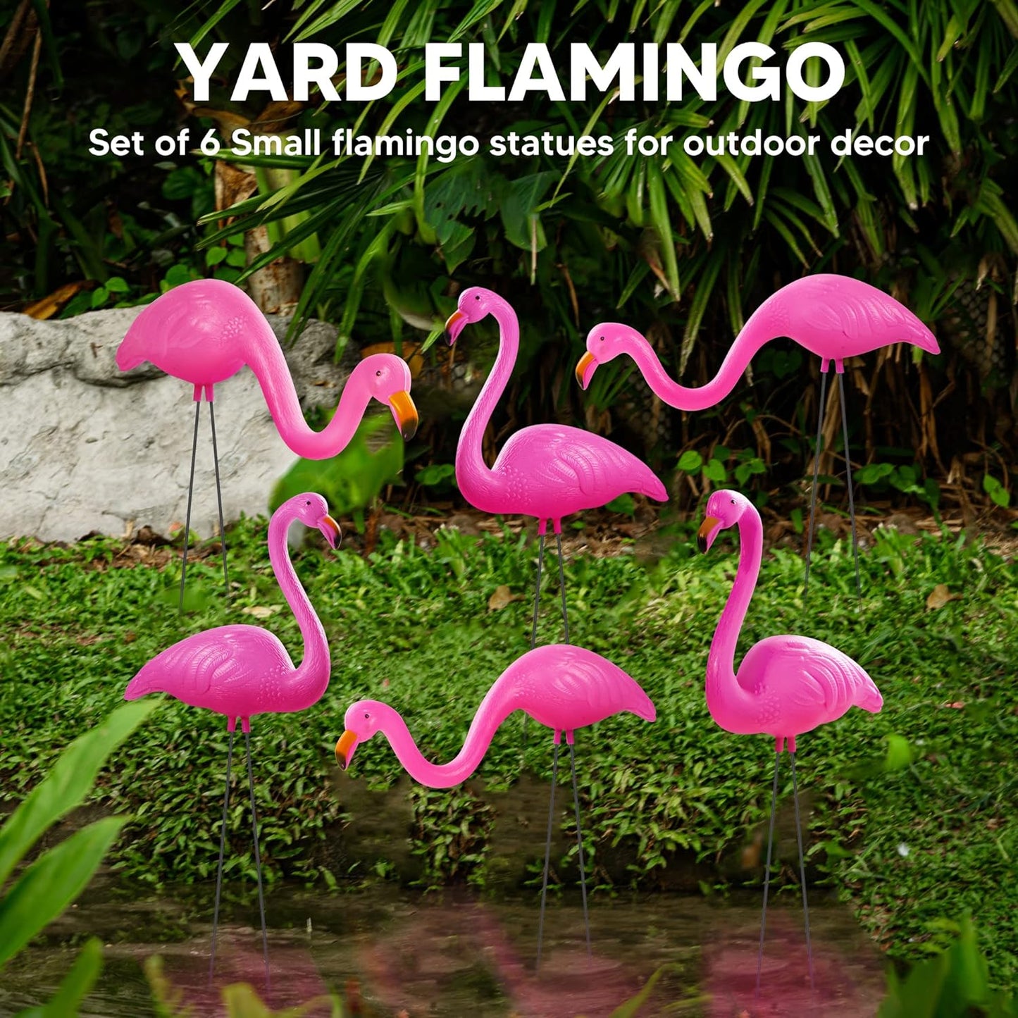 Set of 6 Small Pink Flamingo Yard Ornament Stakes, Mini Lawn Plastic Flamingo Statue with Metal Legs for Sidewalks, Outdoor Garden, Luau Party, Tropical Party Decor, 2 Styles