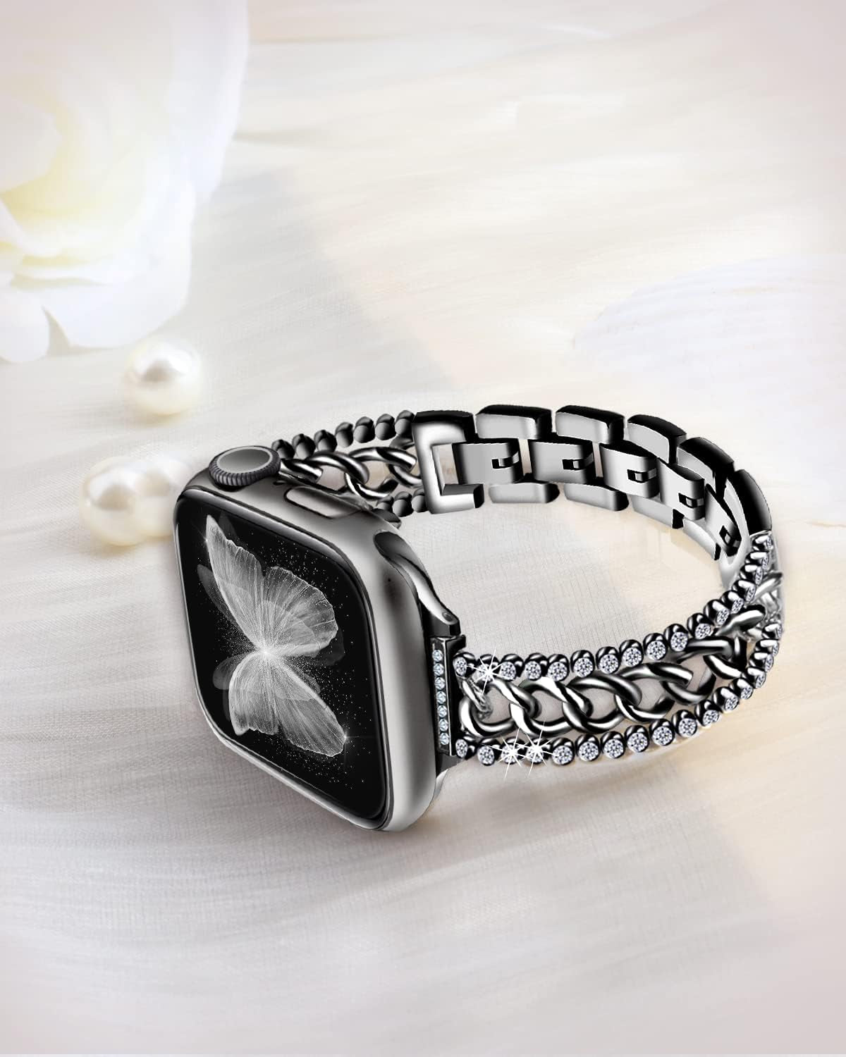 Bling Chain Bands Compatible with Apple Watch Series 8 Band 41Mm 40 Mm 38Mm, Women Luxury Dressy Glitter Diamond Rhinestone Stainless Steel Metal Bracelet for Iwatch Series 7/6/5/4/3/2/1/SE