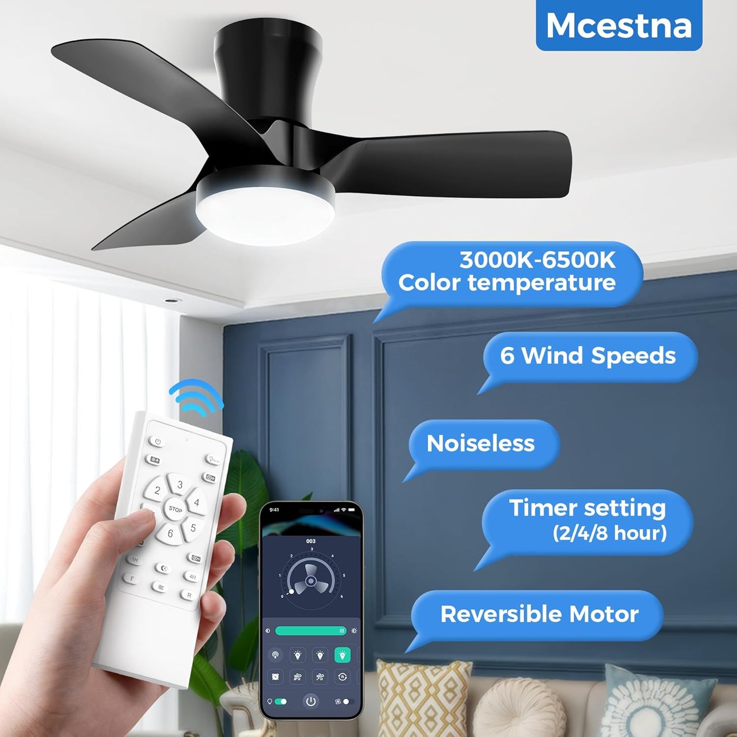 Black Flush Mount Ceiling Fans with Lights and Remote 32 Inch Low Profile Led Lights for Bedroom Bladeless Fan for Bedroom Kids Room and Living Room Ceiling Light Fixture