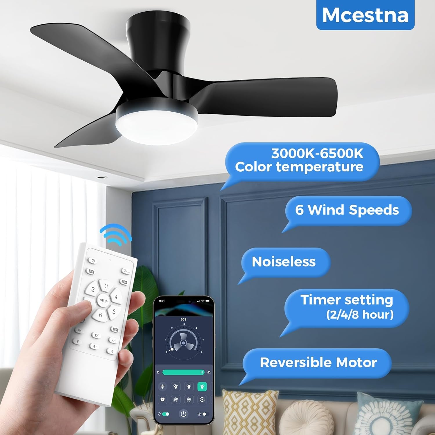 Black Flush Mount Ceiling Fans with Lights and Remote 32 Inch Low Profile Led Lights for Bedroom Bladeless Fan for Bedroom Kids Room and Living Room Ceiling Light Fixture
