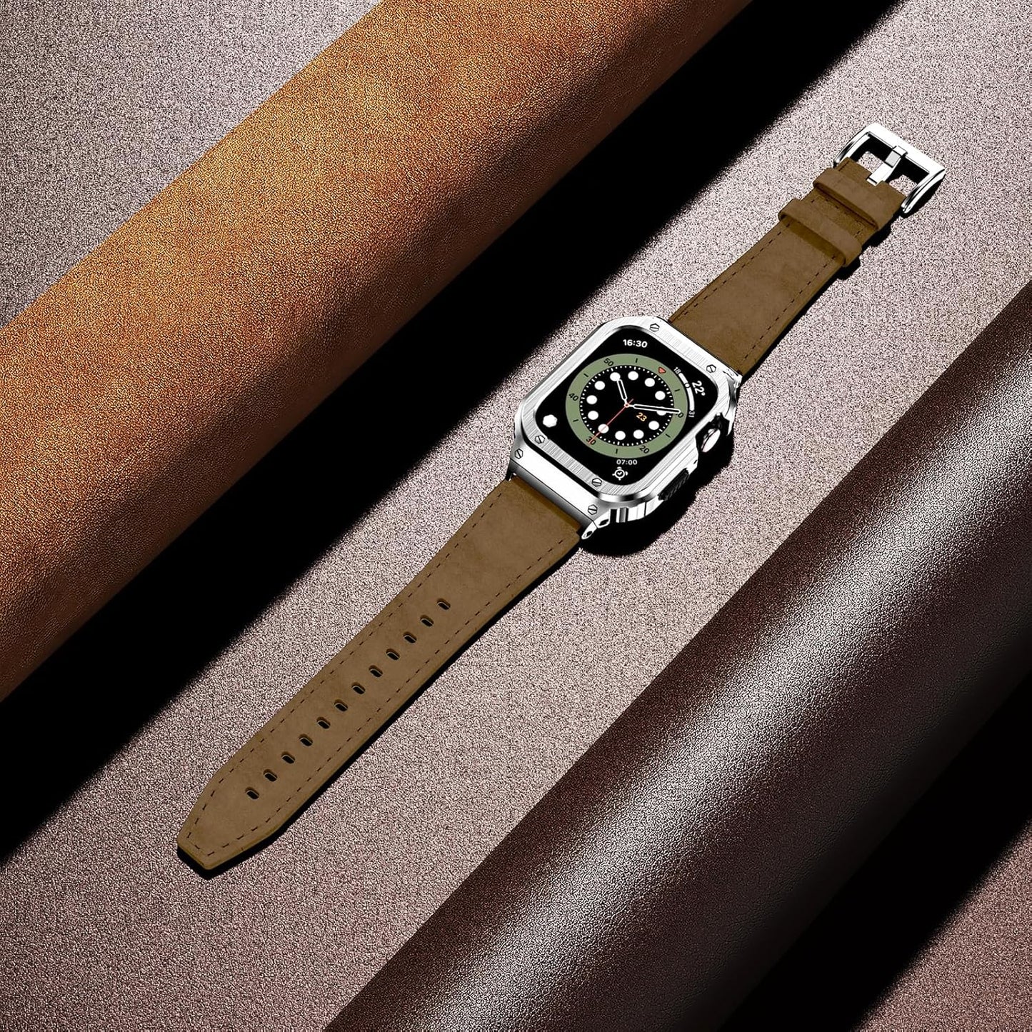 Stainless Steel Case and Bands Compatible with Apple Watch Band 38Mm 40Mm 41Mm 42Mm 44Mm 45Mm 49Mm,Leather Strap Rugged Cover for Iwatch Series Ultra 9 8 7 6 5 4 3 2 1 SE