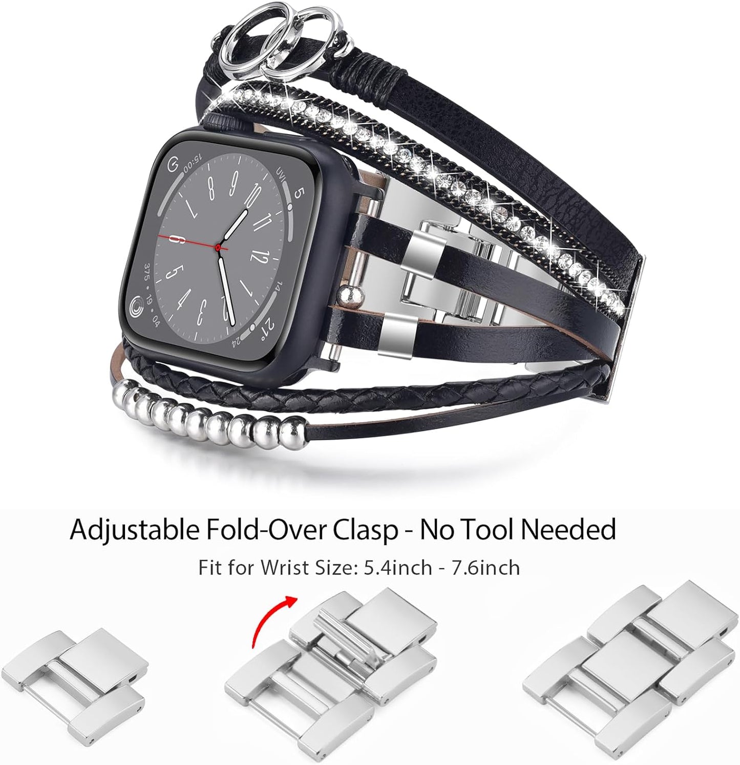 Boho Leather Bracelet Compatible with Apple Watch Band 38Mm 40Mm 41Mm Women, Handmade Multilayer Wrap Beaded Jewelry Apple Watch Strap for Iwatch Series 9 8 7 6 5 4 3 2 1 Black