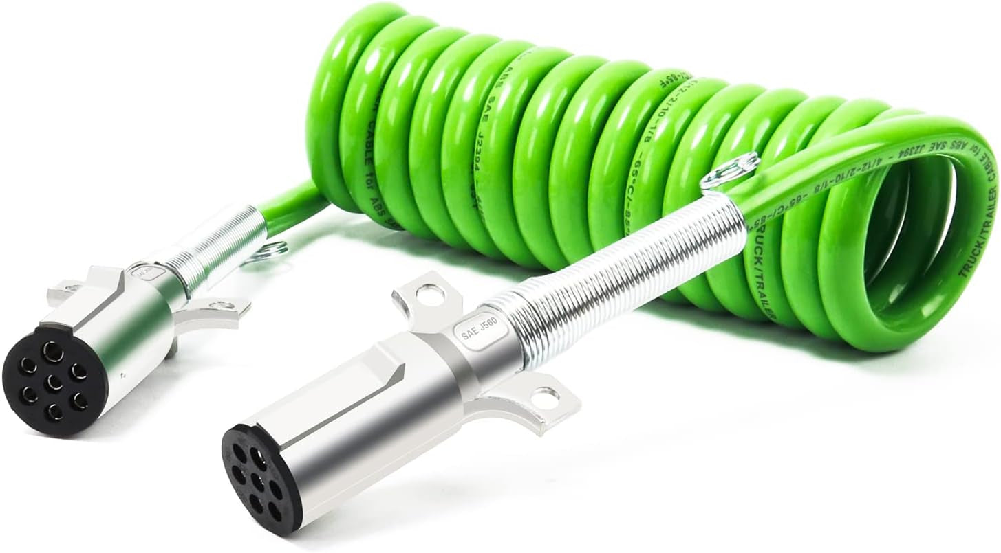 7 Way Coiled Cord 15 FT Green ABS Electrical Power Cords Coil Pigtail Power Wire Heavy Duty Cable for Semi Truck Trailer Tractors