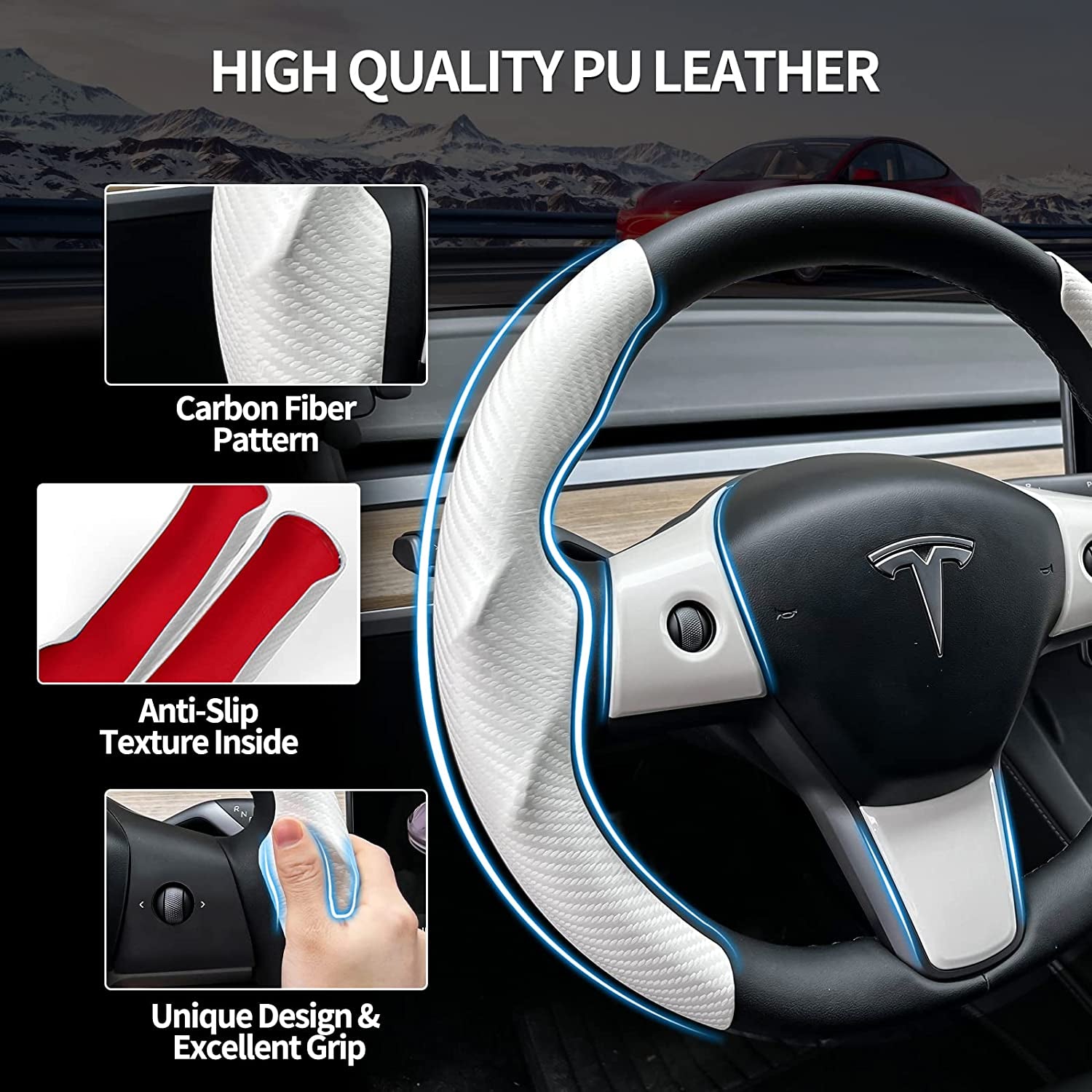 Tesla Model 3 / Y Steering Wheel Cover, Carbon Fiber Tesla Steering Wheel Protector Cover & ABS Steering Wheel Wrap Kit for 2016-2024 Tesla Model 3 / Y Accessories White, Gifts for Tesla Owners
