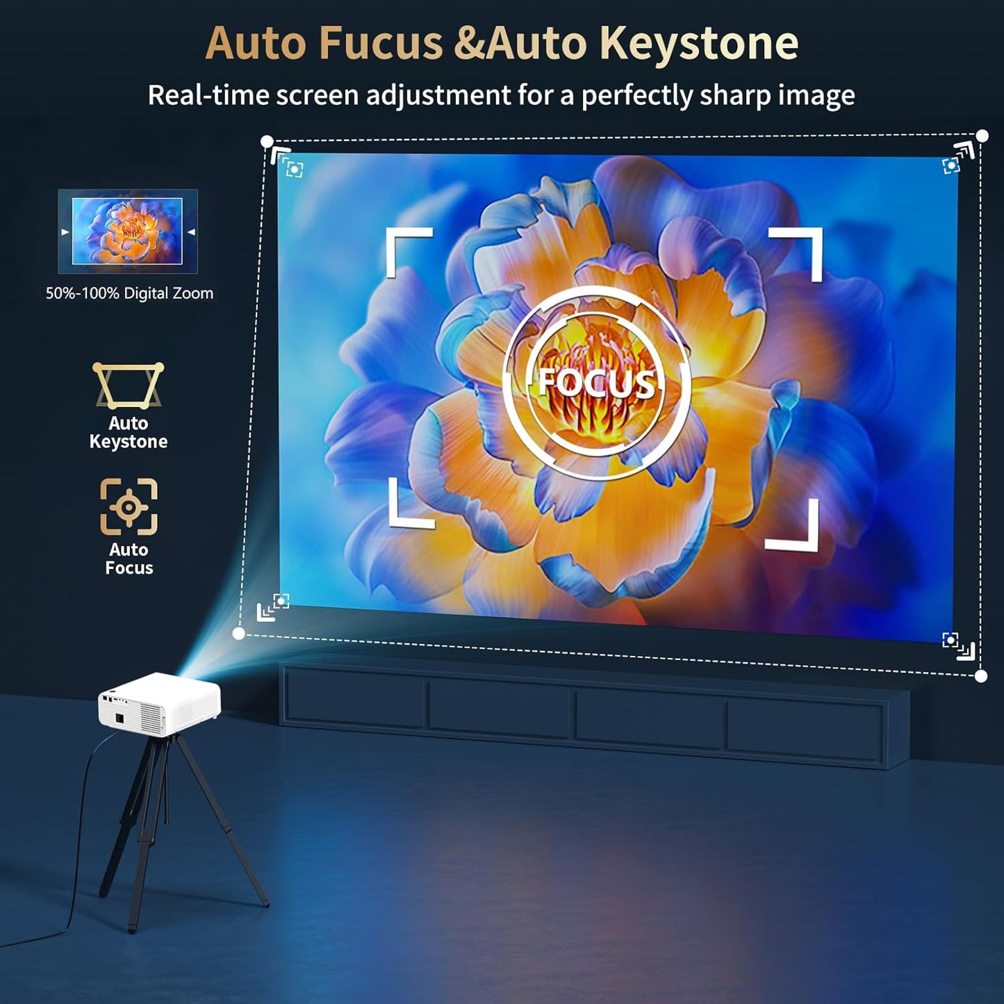 Smart 4K Outdoor Projector with WIFI and Bluetooth,1600Ansi,Auto Focus & Keystone,Doiby Audio,Ppt,Home Theater Movie Projector 4K Hdr10,50%Zoom,500''Display,Arc Compatible W/ TV Stick,Ios,Android,Pc