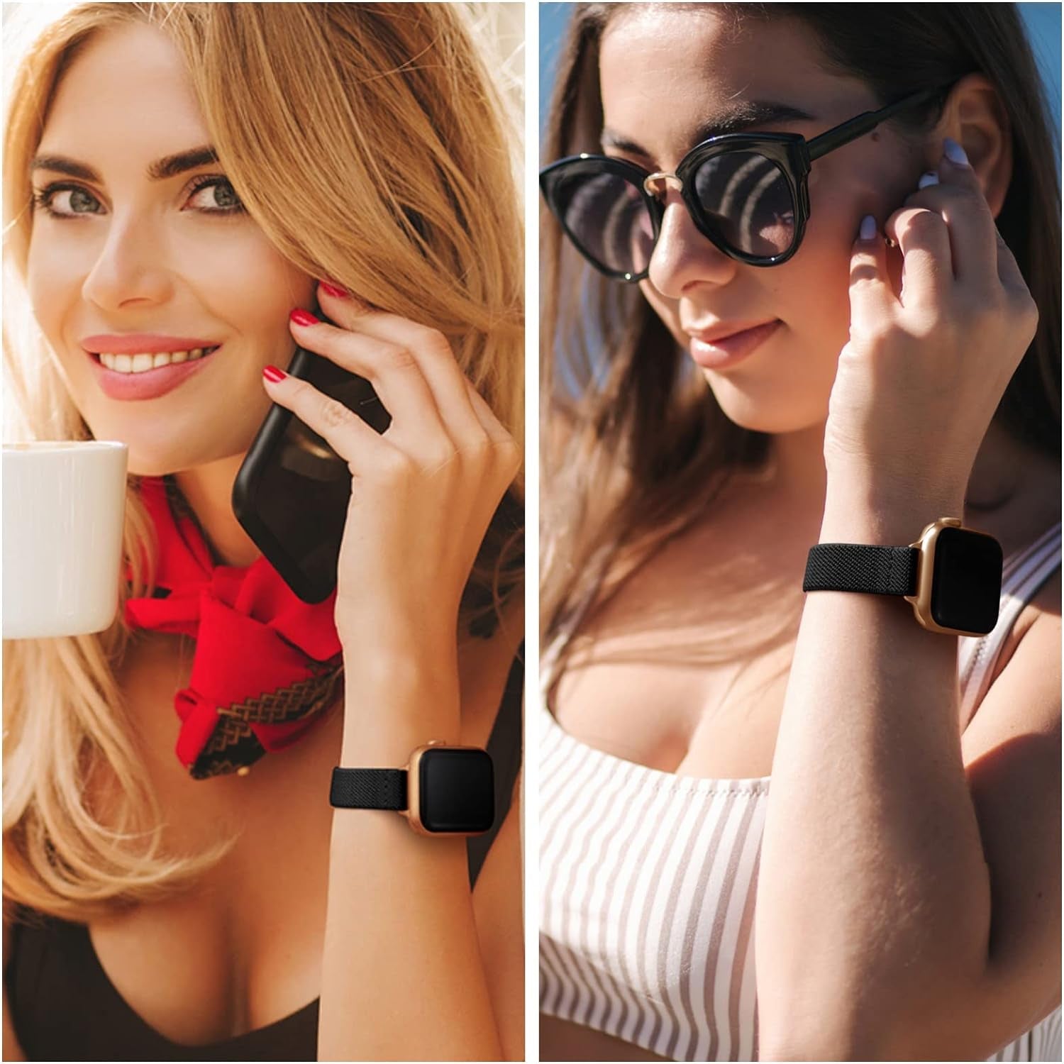 Slim Stretchy Bands Compatible with Apple Watch Band 41Mm 40Mm 38Mm, Women Elastics Nylon Thin Band Strap for Iwatch SE SE2 Series 9 8 7 6 5 4 3 2 1 (Black/Rose Gold, 41Mm 40Mm 38Mm)