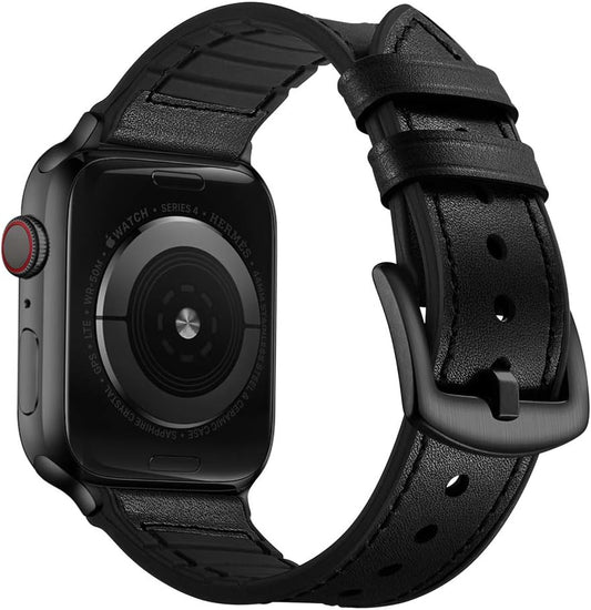 Compatible with Apple Watch Band 41Mm 40Mm 38Mm, Sweatproof Genuine Leather and Rubber Hybrid Band Strap Compatible with Iwatch Series 9 8 7 6 5 4 3 2 1 SE2 SE, Black Band with Black Adapter