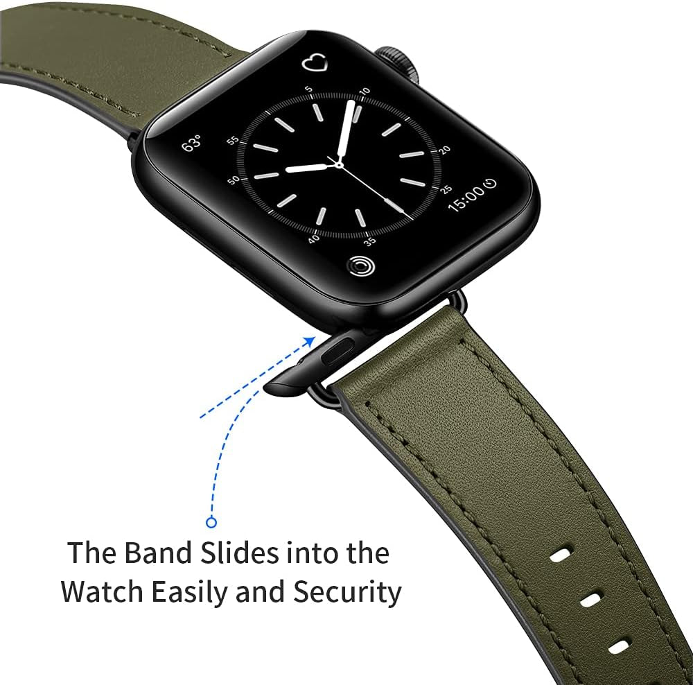 Compatible with Apple Watch Band 41Mm 40Mm 38Mm, Genuine Leather Band Replacement Strap Compatible with Apple Watch Series 9/8/7/6/5/4/3/2/1/SE2/SE, Army Green Band with Black Adapter