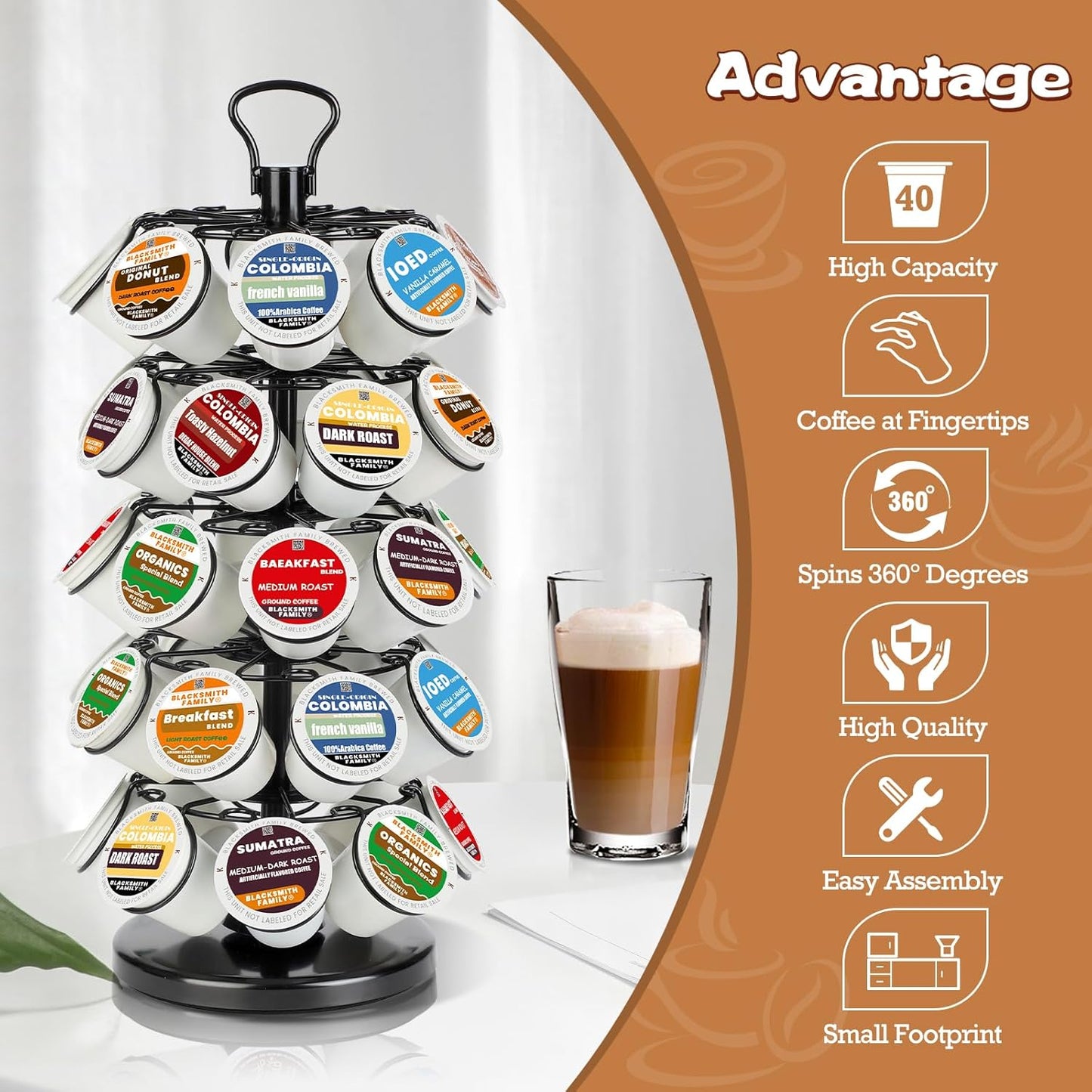 K Cup Holders,K Cup Holder, K Cups Holder,K Cup Carousel, Coffee Pods Holder Storage Organizer Stand (Black, 40 Pods Capacity K/D Design)