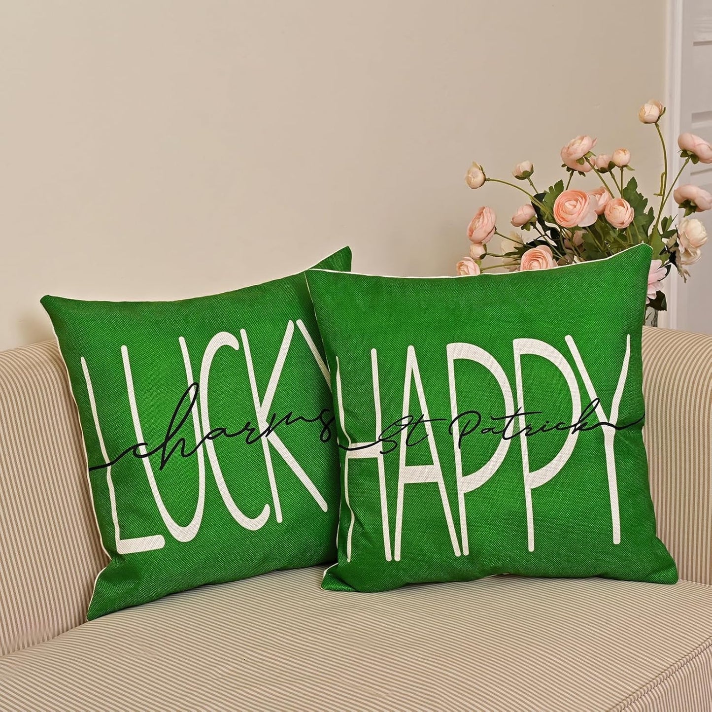 St Patricks Day Decor-Throw Pillow Covers 18X18 in Set of 4,Shamrock Linen Pillow Case with Green Hat Irish for Large Couch Sofa Home Indoor Outdoor Holiday Decorations