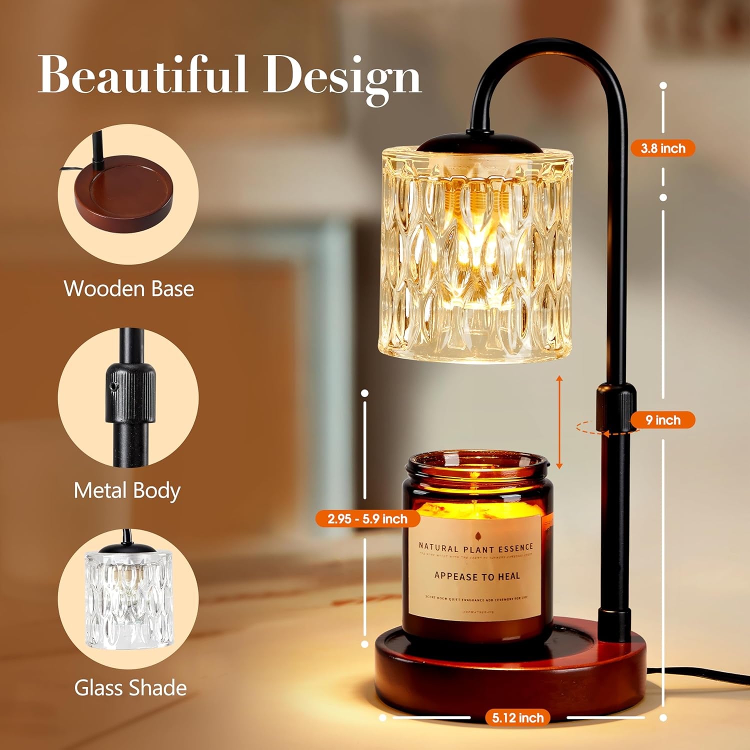 Dimmable Candle Warmer Lamp with Timer, Height Adjustable Electric Candle Wax Warmer for Jar Candles, Top-Down Light Heat Melting Wax with 2 Bulbs, Walnut Solid Wood Base for Home Decor Gifts
