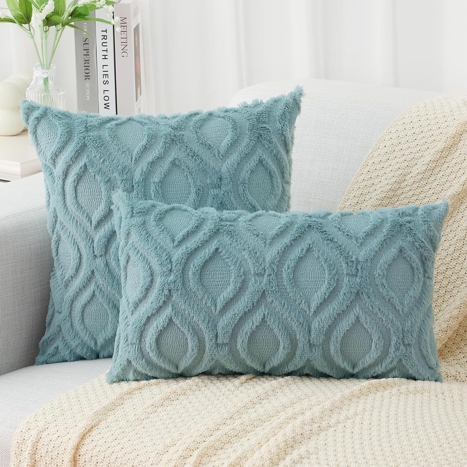 Decorative Throw Pillow Covers 18X18 Set of 2, Soft Plush Faux Wool Couch Pillow Covers for Home, Aqua