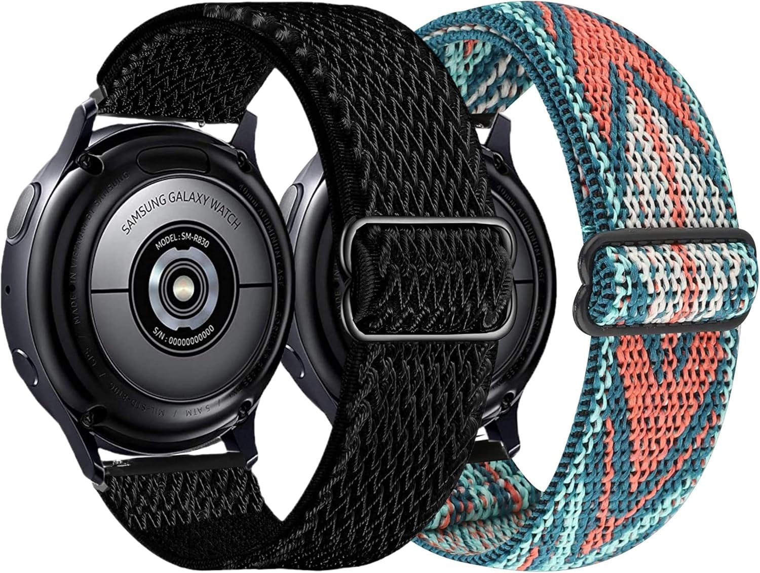 Elastic Bands for Galaxy Watch 6/5/4 Bands 44Mm 40Mm/5 Pro Band 45Mm, Samsung Galaxy Watch 6/4 Classic Band 43Mm 42Mm 46Mm 47Mm/Active 2 Women Men, 20Mm Stretch Nylon Strap, Wave Black+Green