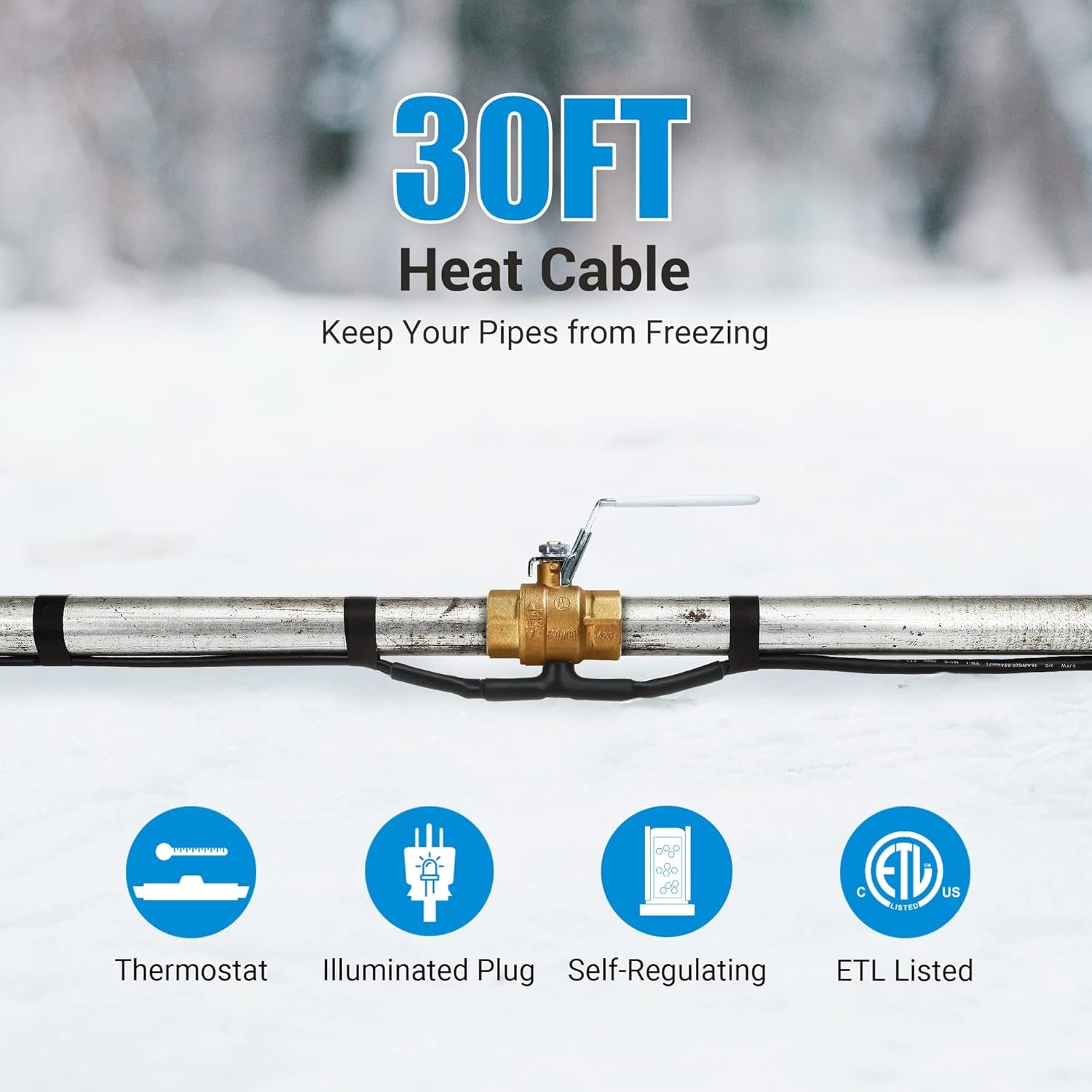 30FT Self Regulating Pipe Heat Cable, Automatic Electric Heat Kit Heating Cable, Water Pipe Heat Cable for Pipe Freeze Protection, 120V, ETL Listed