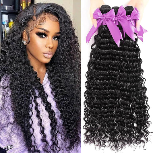 12A Deep Wave Human Hair Bundles 18 20 22 Inch Deep Curly Bundles Human Hair 100% Unprocessed Brazilian Virgin Weave 3 Bundles Double Weft Raw Remy Hair Bundles Deals Full and Thick