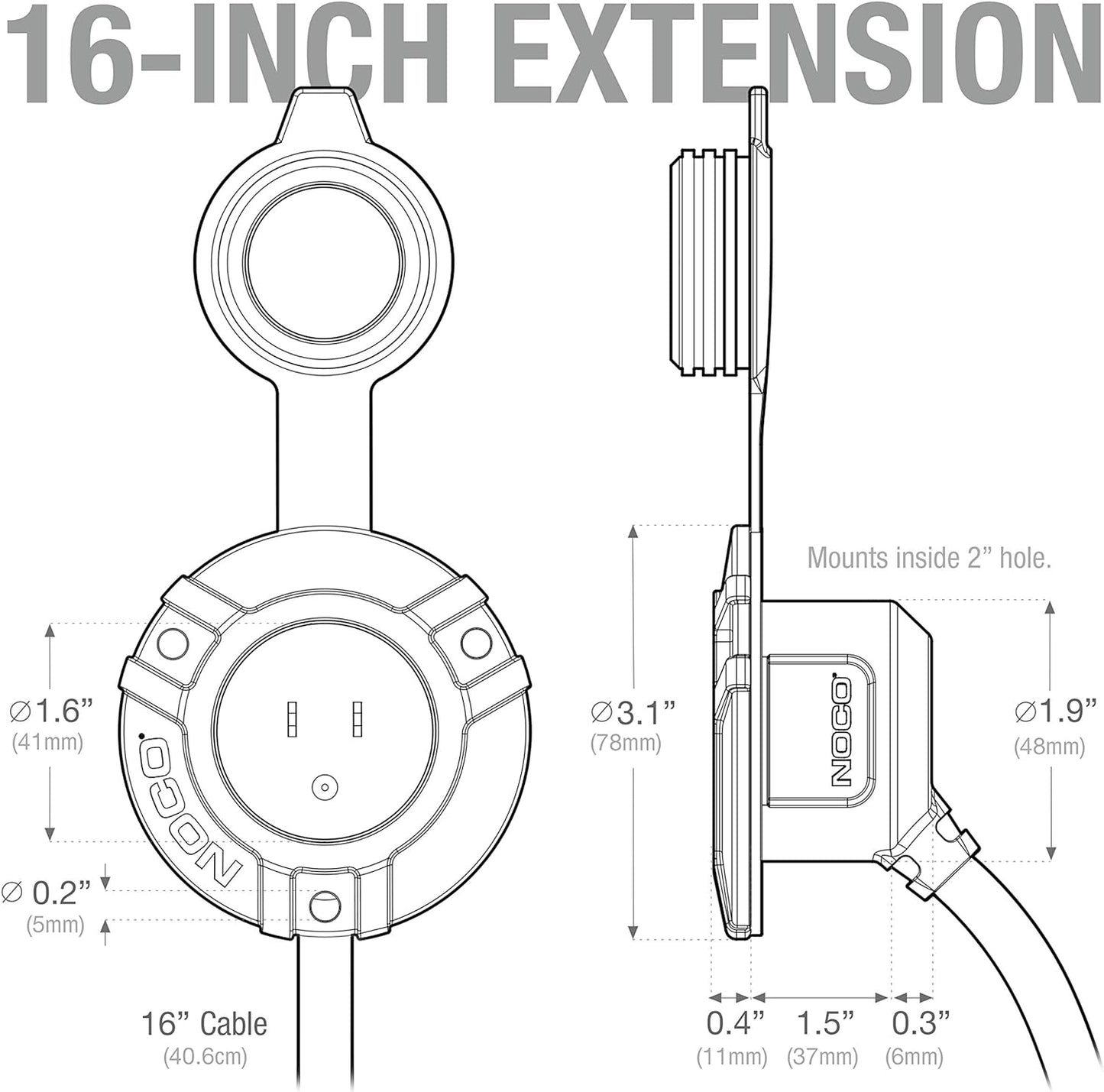 GCP1 15A AC Port Plug, 125V Power Inlet Socket, and Waterproof Electrical Outlet Receptacle Box with 16-Inch Integrated Outdoor Extension Cord