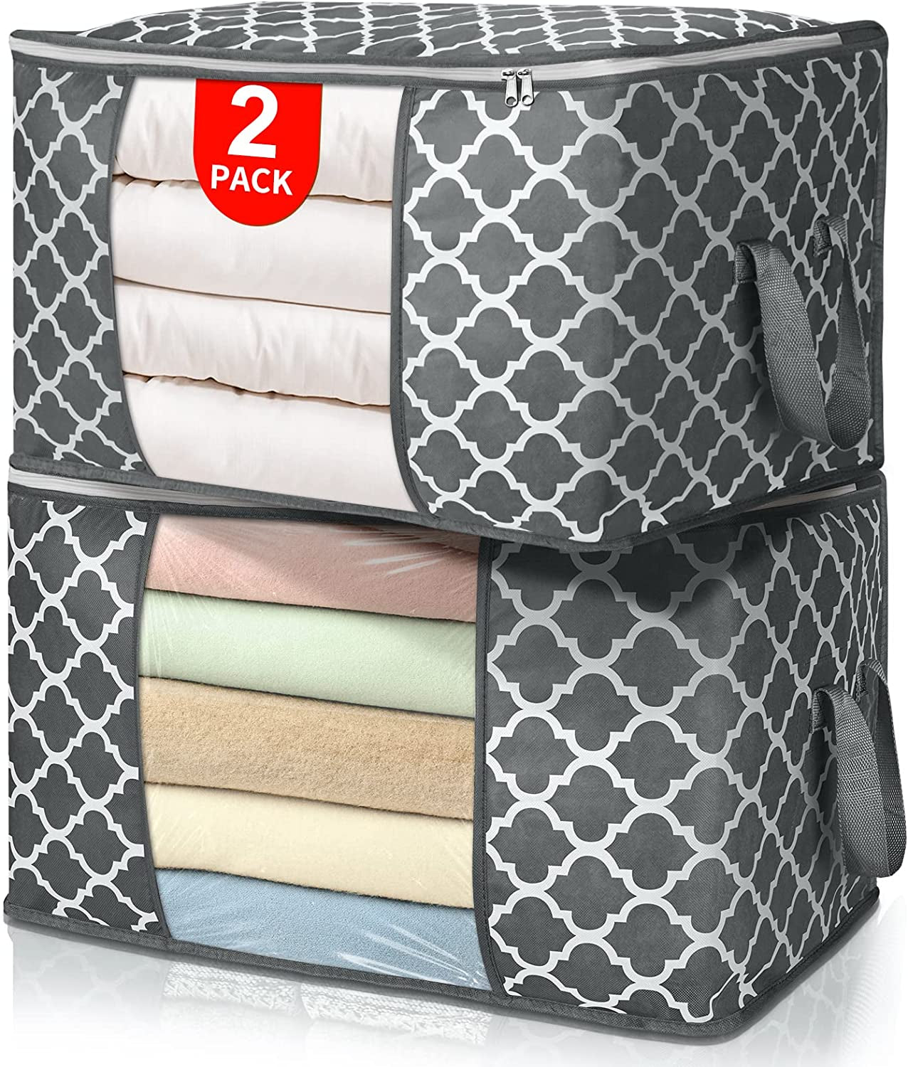 90 L Large Storage Bags, 6 Pack Clothes Storage Bins Foldable Closet Organizers Storage Containers with Reinforced Handle for Clothing, Blanket, Comforters, Bed Sheets, Pillows and Toys (Gray)