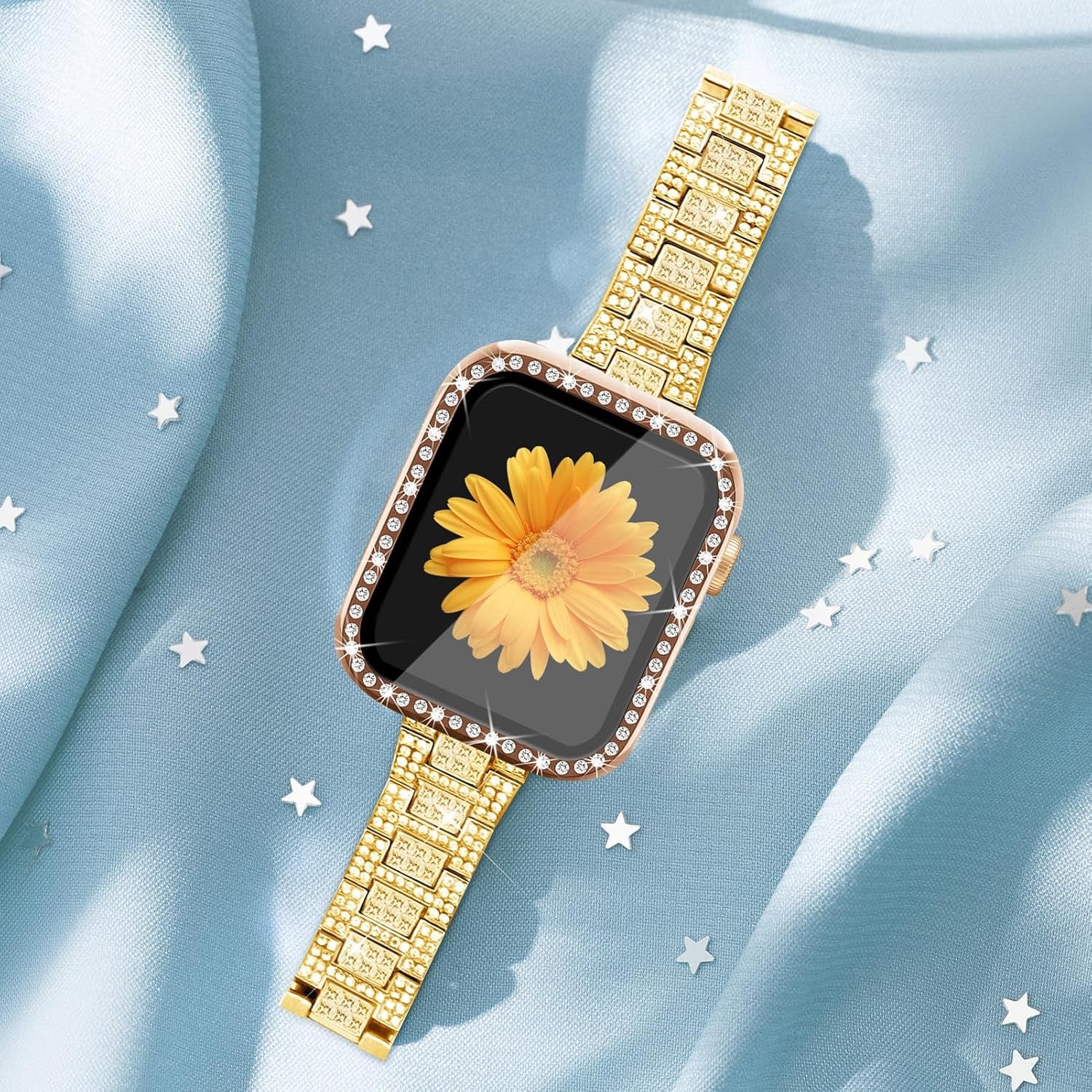 Compatible for Apple Watch Band with Screen Protector Case, Jewelry Replacement Band 45Mm 44Mm 42Mm 41Mm 40 Mm 38Mm 2 Pack Bling Protective Cover for Iwatch Series 9/8/7/6/5/4/3/2/1/SE Women