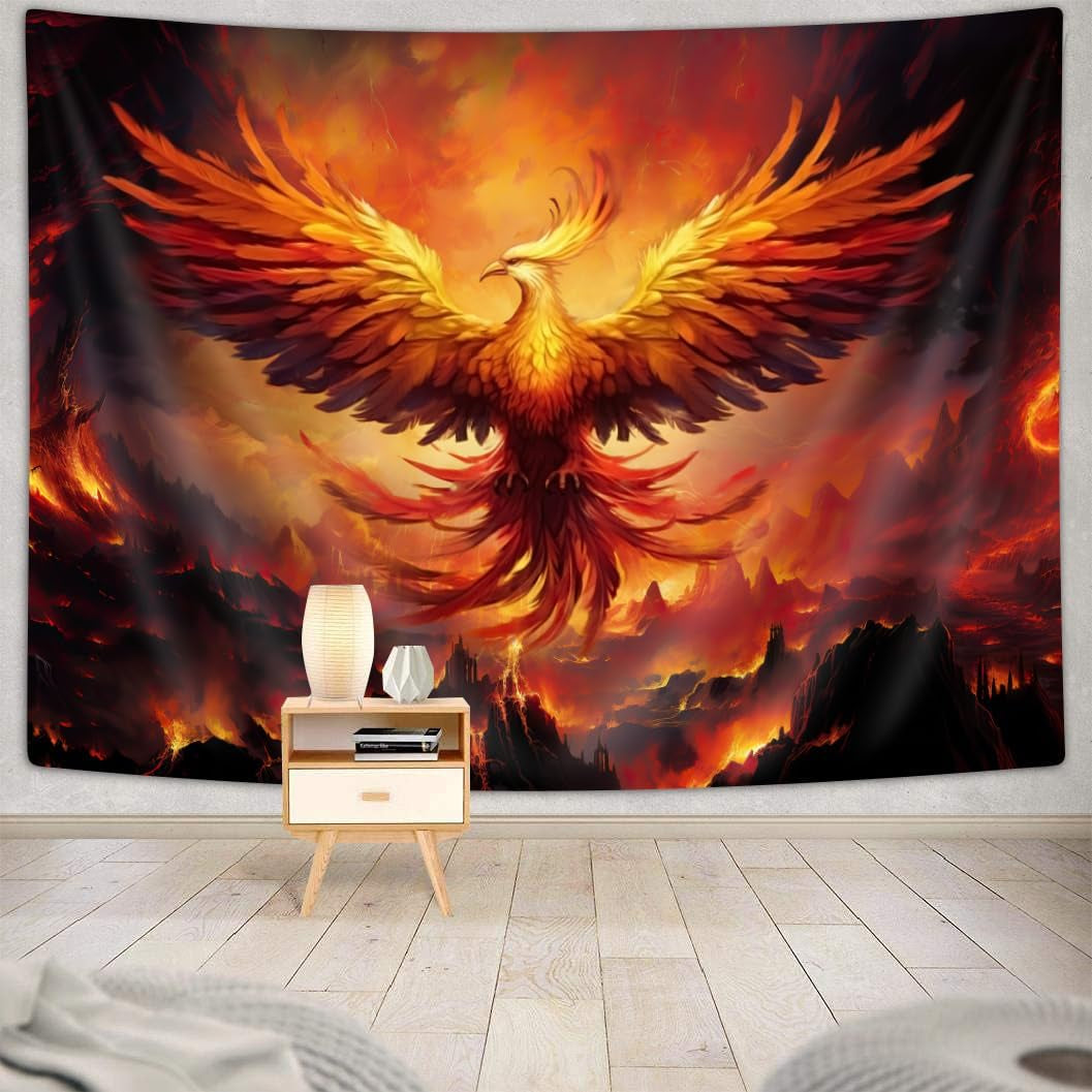 Fantasy Phoenix Bird Small Tapestry for Men, Red Anime Animal Hippie Tapestry Wall Hanging for Bedroom, Aesthetic Cool Tapestry Beach Blanket College Dorm Home Decor (60" W X 40" H)