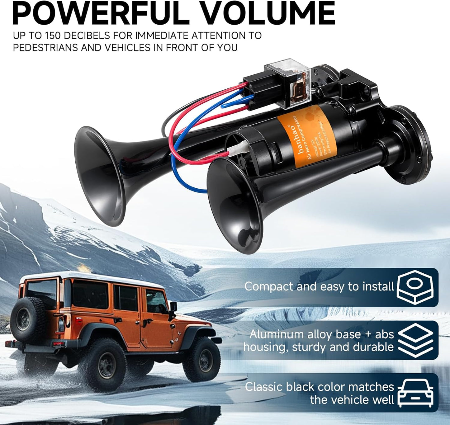 Electric Air Horn for Truck 150Db Super Loud Black Horns Dual Trumpet with Compressor for Any 12V Vehicles Trucks Motorcycle Pickup Trains Cars Boats (Black Integrated Air Horn) TRUCK DRIVER