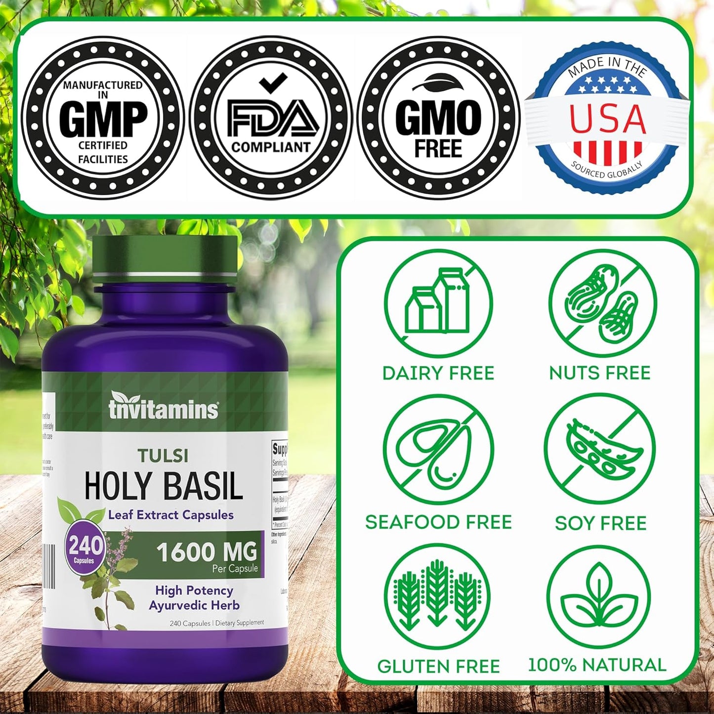 Holy Basil Capsules (1,600 Mg Equivalent - 240 Capsules) | 8 Month Supply | AKA Tulsi | May Promote Stress & Frustration Relief* | Adaptogenic, & Ayurvedic Herb TLBH