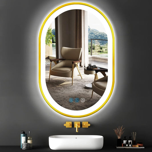 Gold Oval Lighted Mirror for Bathroom Wall Mounted 24 X 16 Inch Oval Vanity Mirror with Lights Gold Frame Oval LED Mirror 3 Color Dimmable anti Fog 24 Inch Bathroom Oval Light up Smart Mirror