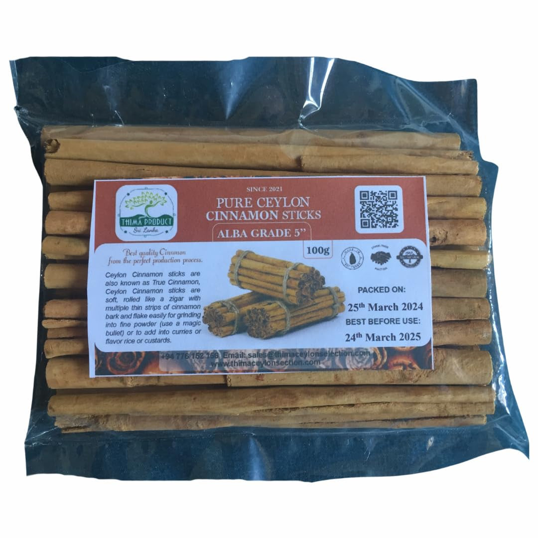 Ceylon ALBA Cinnamon Quills - Pure 5-Inch Cut Cinnamon Spice from Sri Lanka - True Cinnamon (Cinnamomum Verum) - 100 Grams (Grown Naturally without the Addition of Fertilizers or Chemicals) TLBH