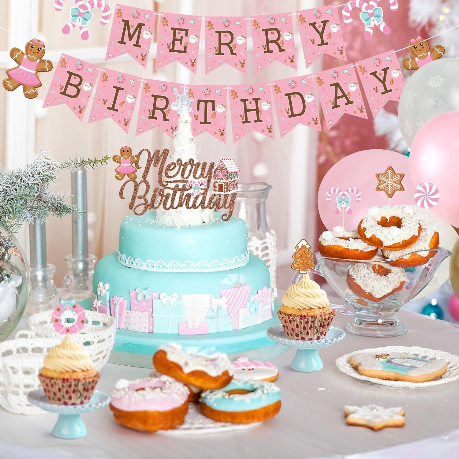 Pink Gingerbread Man Decorations,Christmas Merry Birthday Banner Cute Candy House Cake Topper Latex Balloons for Boys Girls Merry Birthday Birthday Party Supplies Baby Shower