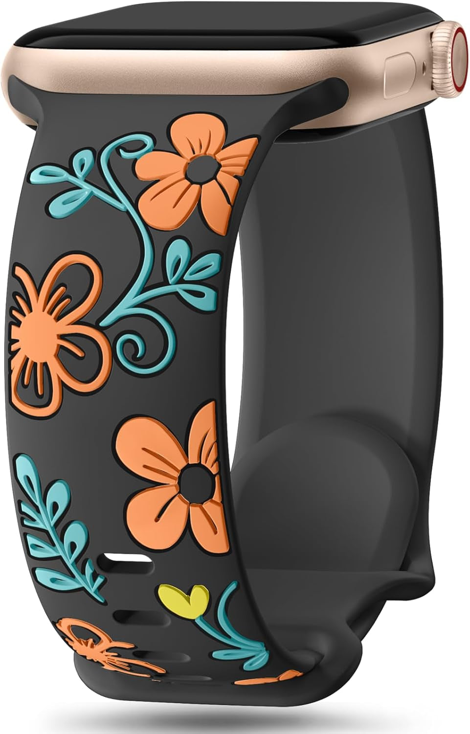 Floral Band Compatible with Apple Watch Bands for Women 40Mm 41Mm 38Mm 42Mm 44Mm 45Mm 46Mm 49Mm, Engraved Cute Flower Silicone Inlay Dressy Strap for Iwatch Series 10 9 8 7 6 5 4 3 2 SE Ultra