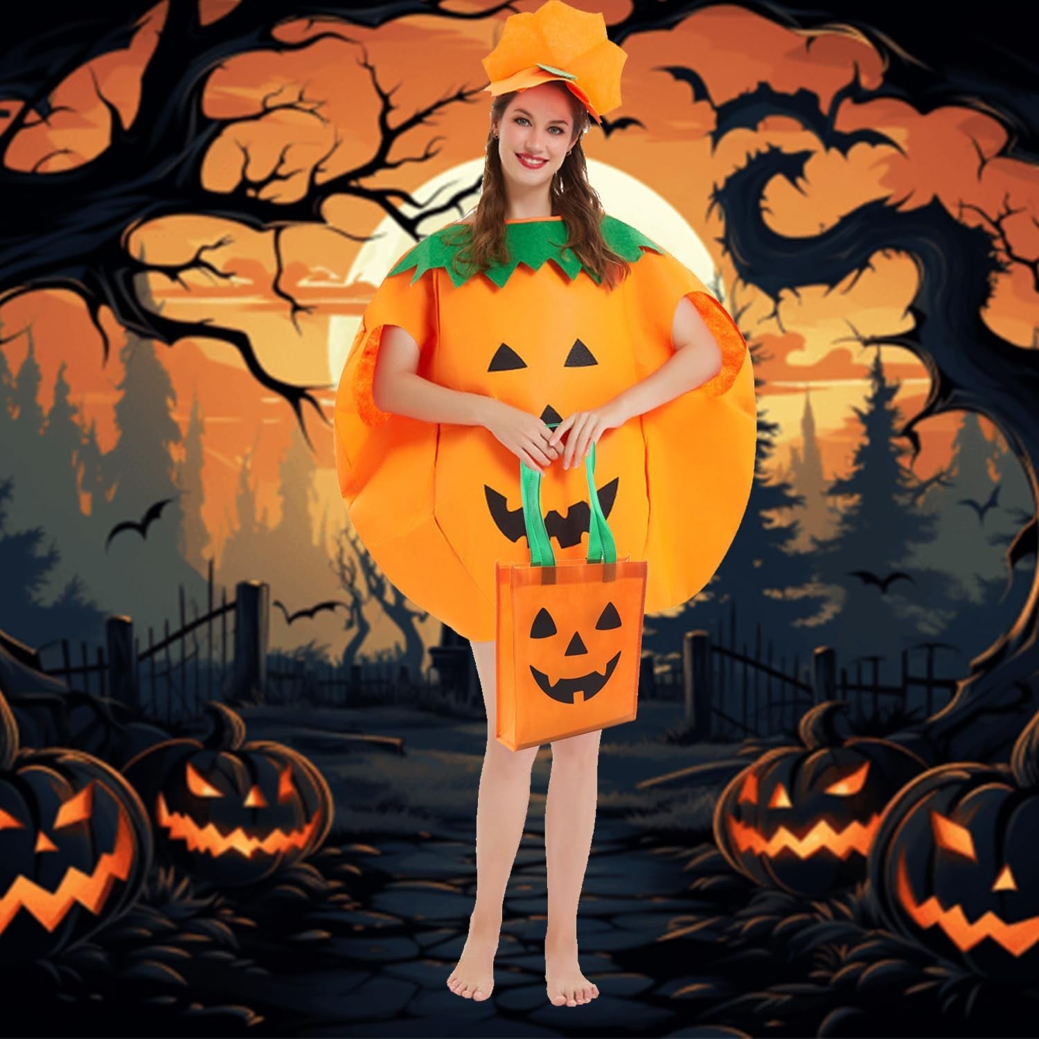 Adult Pumpkin Costume, 3 PCS Halloween Pumpkin Cosplay Set Included Pumpkin Bag (9.8 X 11.8 Inch)