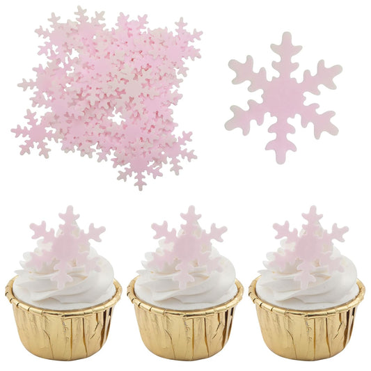 50Pcs Pink Edible Cupcake Cake Toppers Snowflake Cake Decorations for Christmas Winter Frozen Theme Party Supply Decoration