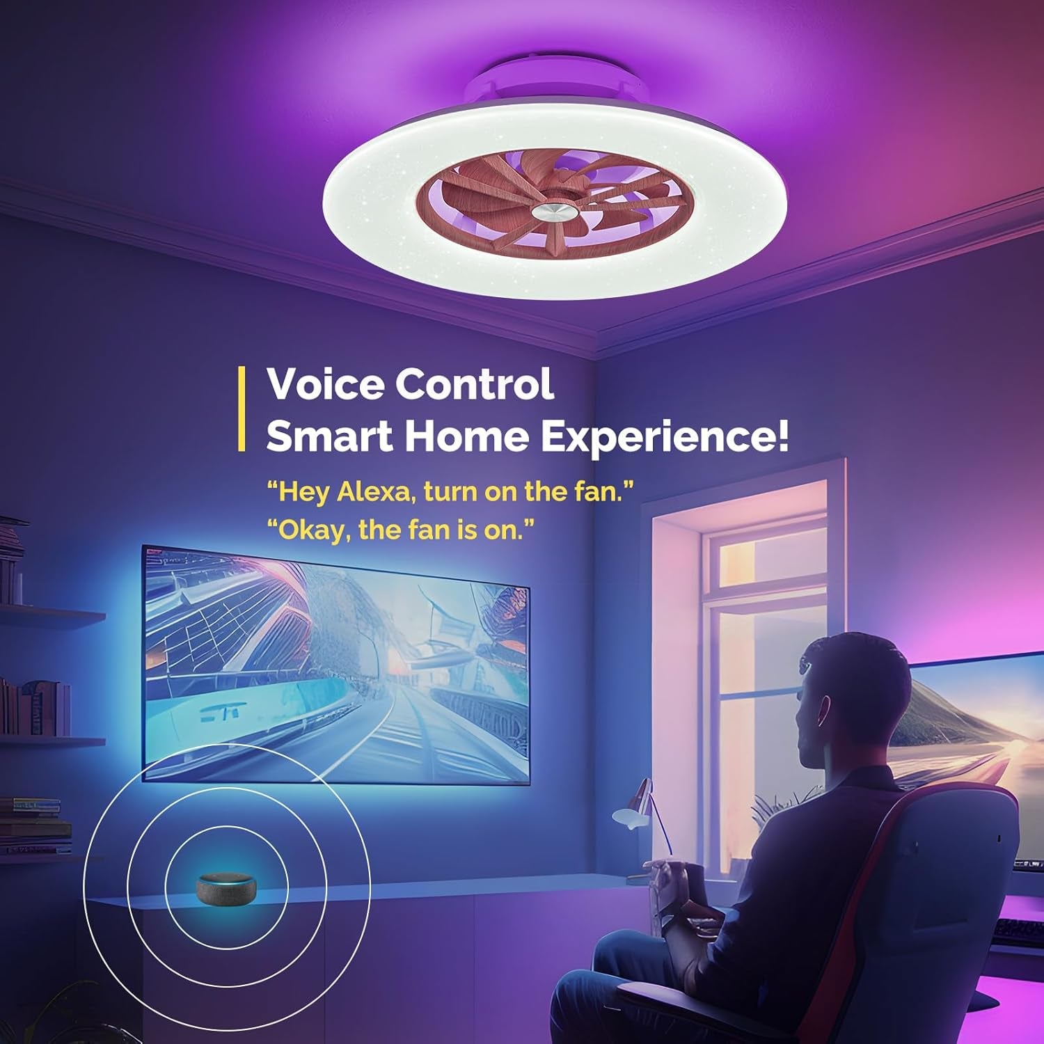 RGB Ceiling Fans with Lights, 24'' Low Profile Ceiling Fan with Light and Remote, Smart Ceiling Fans with 8 Blades, Compatible with Alexa, Google Home and App Controlled (Wood)