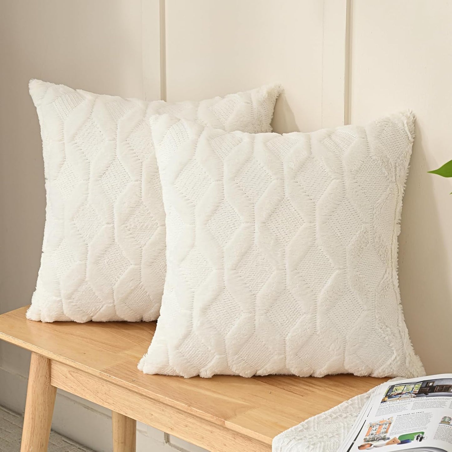 Pack of 2 Faux Wool Throw Pillow Covers 20X20 Inches Decorative Farmhouse Velvet Couch Pillow Case Soft Plush Square Boho Cushion Pillowcase, Cream Beige