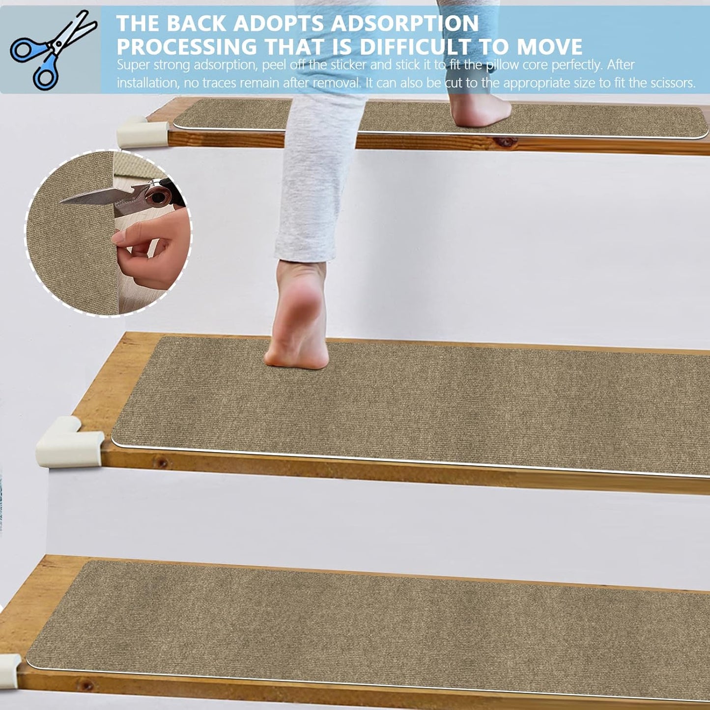 8" X 30" (15 in Pack) Non-Slip Stair Treads Carpet for Wooden Steps, Self-Adhesive Stair Treads Mat, Safety Indoor Stair Runner Mats, anti Slip Stair Rugs for Kids Elders and Dogs，Moca
