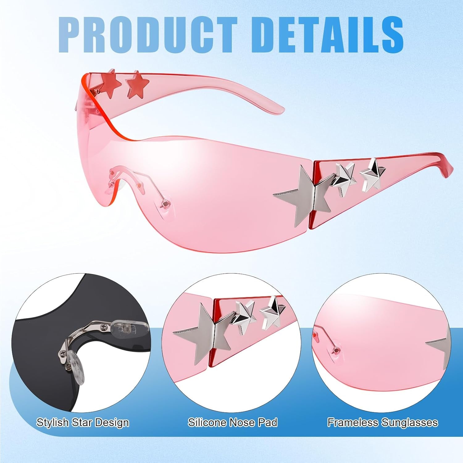 3 Pairs Y2K Sunglasses for Women Men, Trendy Shield Wrap around Sun Glasses, Rimless Star Sunglasses, Oversized Fashion Frameless Sun Glasses Cycling Driving Shopping Outdoor