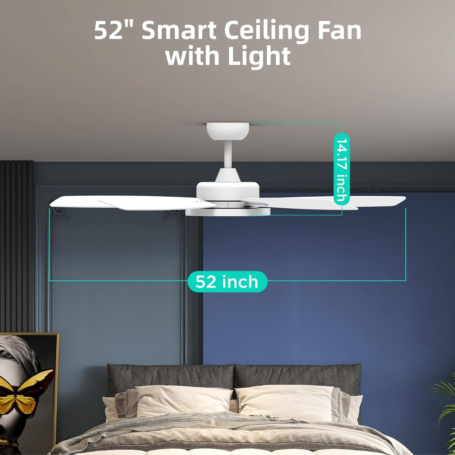 Ceiling Fans with Lights,Ultra Silent 52 Inch Smart Ceiling Fans with Dimmable LED Light Compatible with Google Home Alexa App Control(White