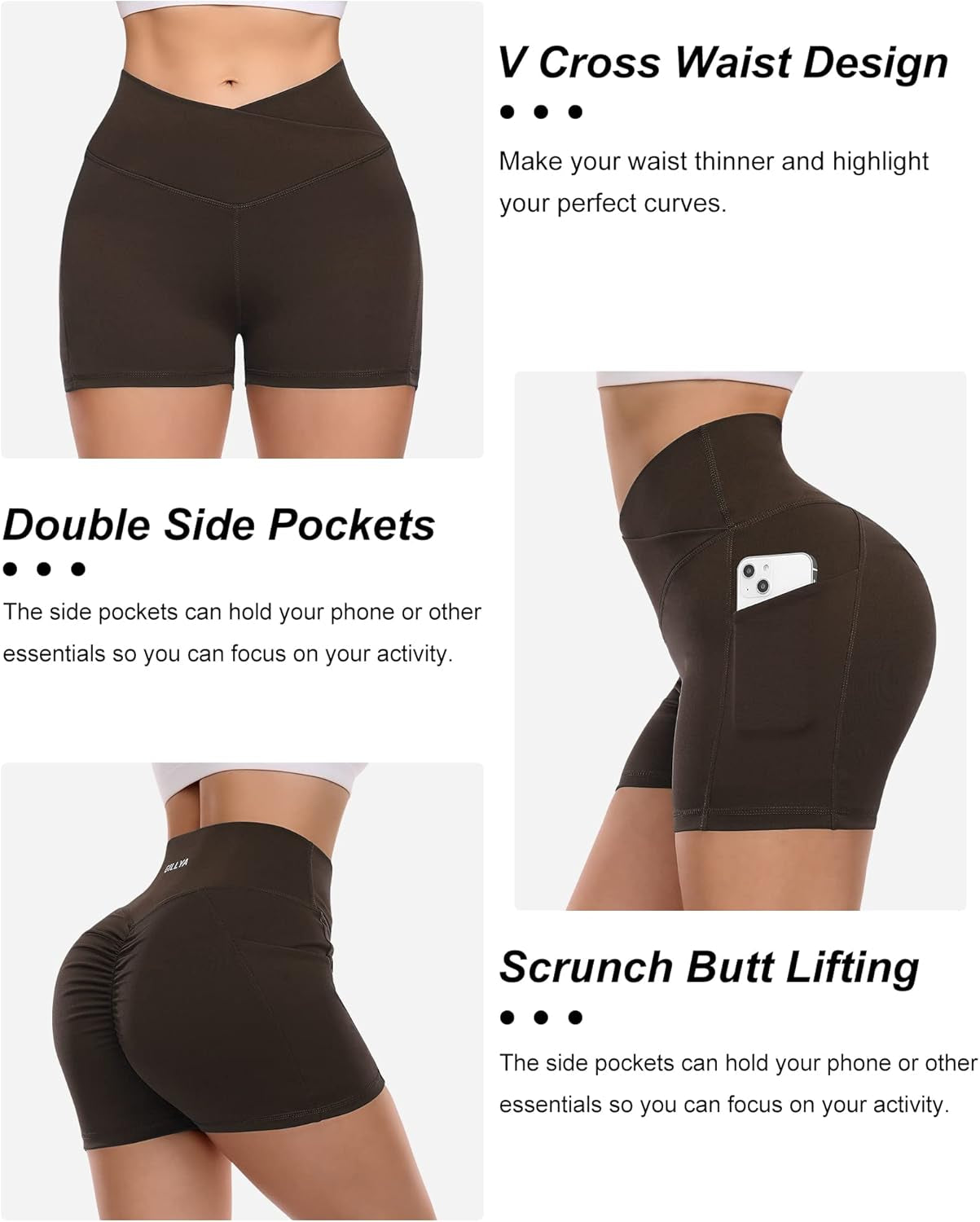 Women'S Ribbed Cross Waist Workout Shorts Scrunch Butt Lifting Shorts with Pockets High Waisted V Cross Biker Shorts