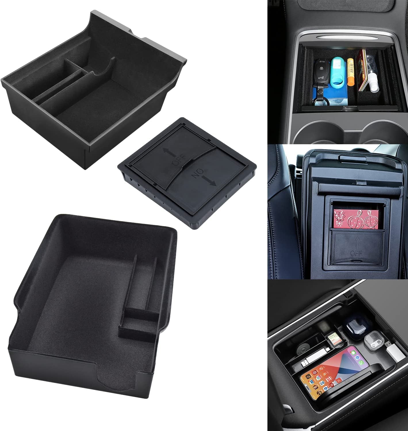 Center Console Organizer Tray 3PCS for 2021 2022 2023 2024 Tesla Model Y and 2021 2022 2023 Tesla Model 3 Interior Car Accessories Flocked Organizer Armrest Hidden Cubby Drawer Storage Box