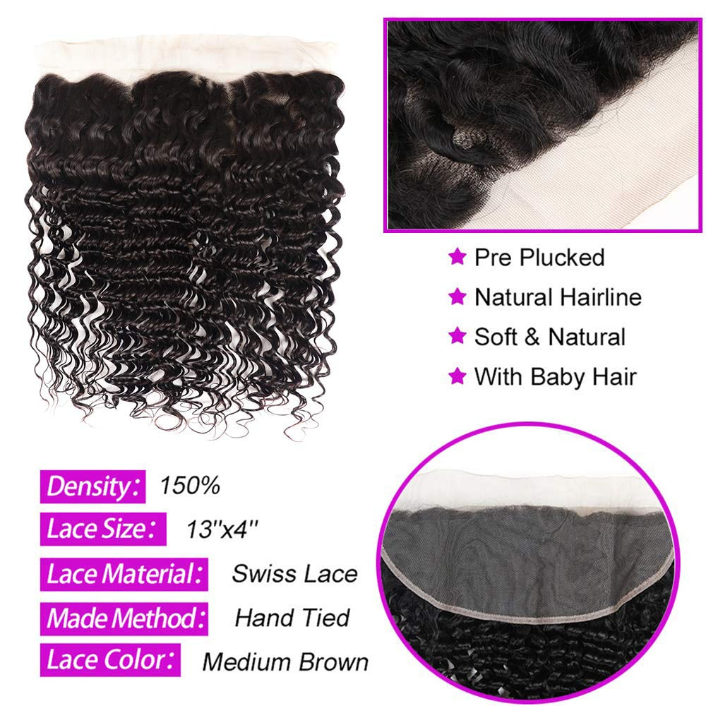 Brazilian Hair Deep Wave 3 Bundles with Frontal 13X4 Free Part Lace Frontal 100% Virgin Human Hair Bundles Brazilian Hair Extensions Natural Black Color (16 18 20+14)