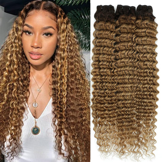 12A Deep Wave Human Hair Bundles Ombre Honey Blonde Deep Wave Bundles Human Hair 18 20 22 Inch T4/27 Curly Bundles Brazilian Virgin Wet and Wavy Human Hair Bundles 2 Tone Water Wave Bundles